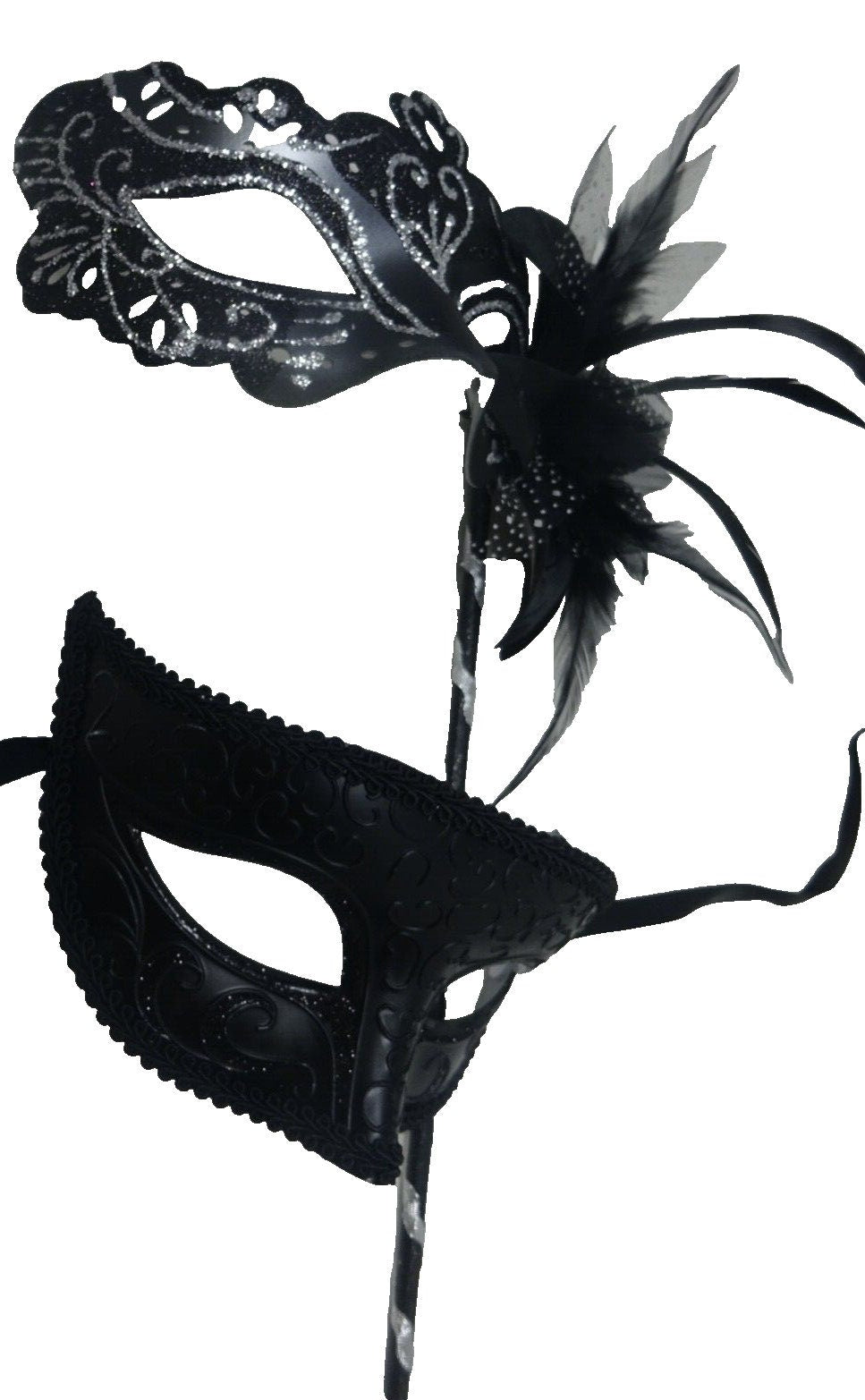 Couples Masks Black and Silver Rialto Masquerade Mask with Flower for Masked Ball Carnival Party Halloween Hand Held on a Wooden Stick