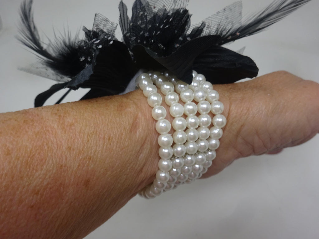 Black Flower Wrist Corsage on Beaded Bracelet with Fabric Flower with Feathers and Spotted Organza