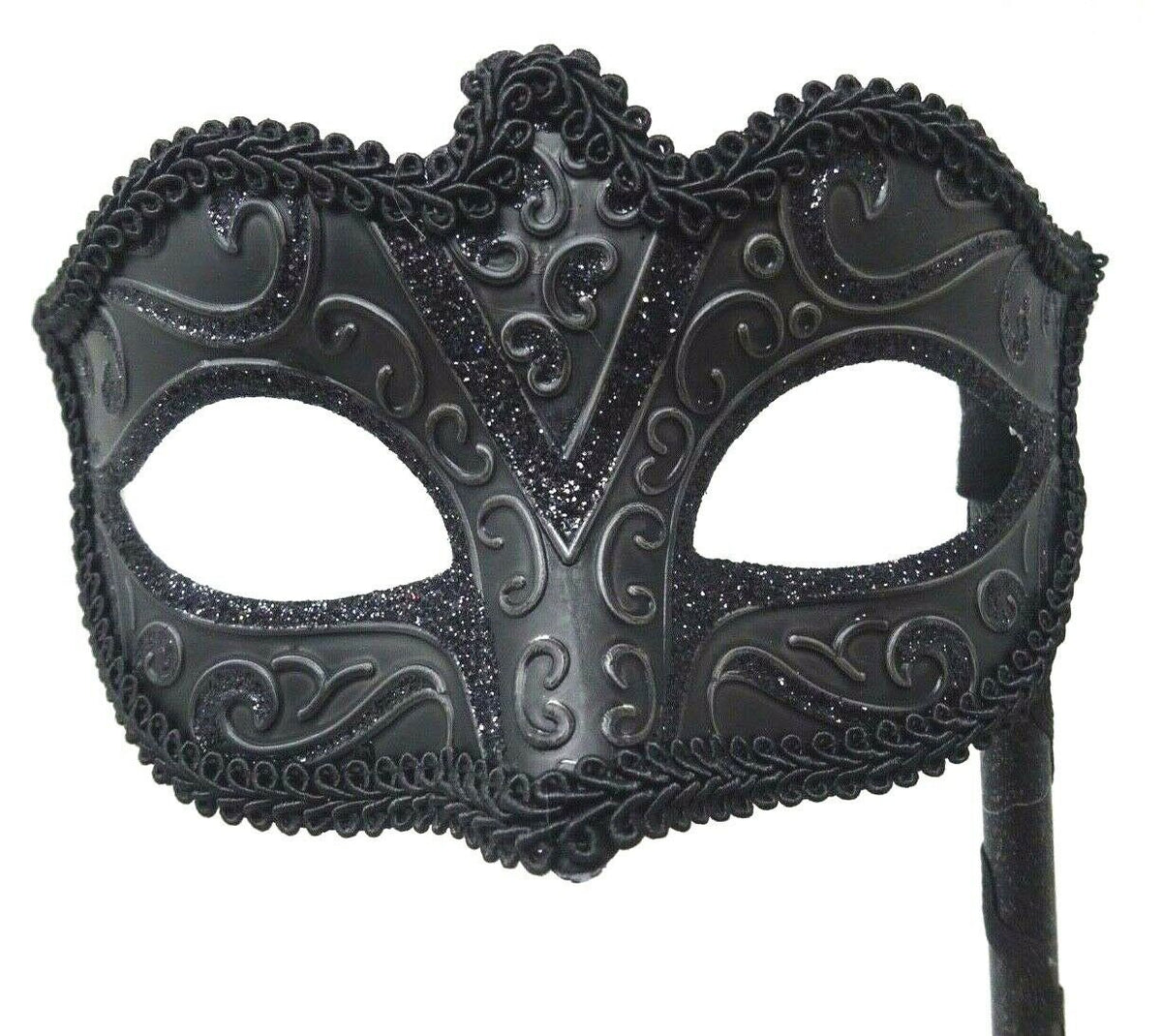 Stunning Black Masquerade Mask on a Black Stick