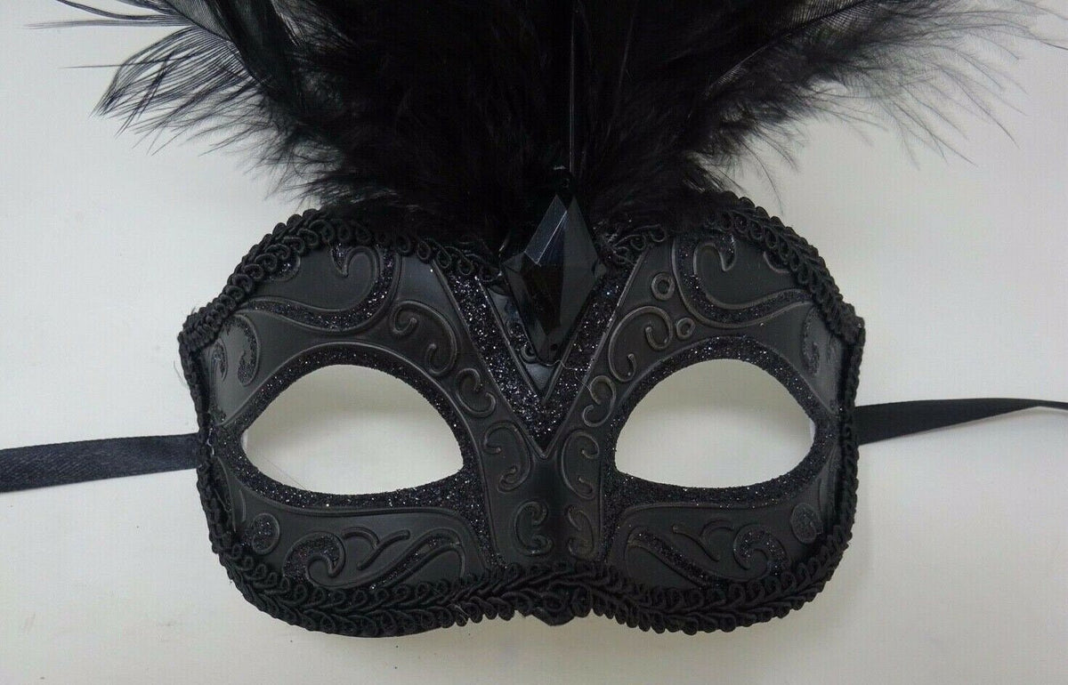 Ladies Black Masquerade Mask with Long Feathers and Centre Jewel