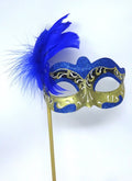 Blue White and Gold Feather Masquerade Party Carnival Ball Eye Mask Hand Held on a Wooden Stick