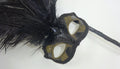 Ladies Black and Gold Masquerade Carnival Mask with Long Feathers and Centre Jewel