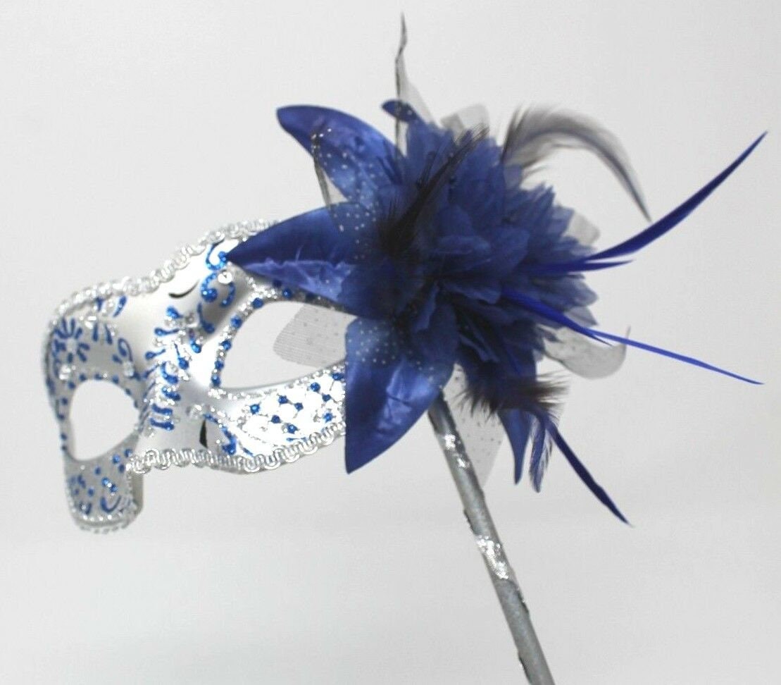 Blue and Silver Jewelled Party Masquerade Wedding Bridal ball Eye Mask on Stick with Flower