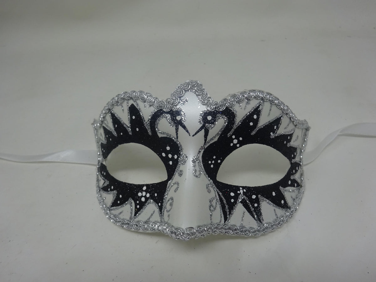 Black and Pearlised White Swan Lake Design Glitter Masquerade Mask