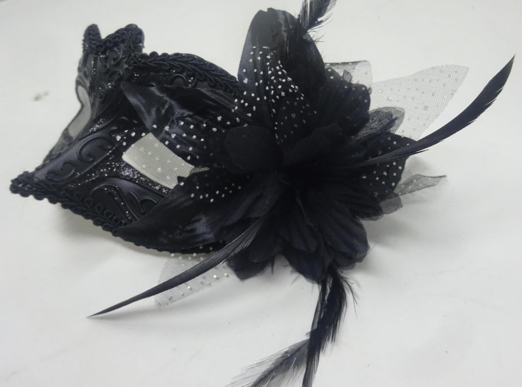 Ladie Black Masquerade Mask with Flower and Feather Detail