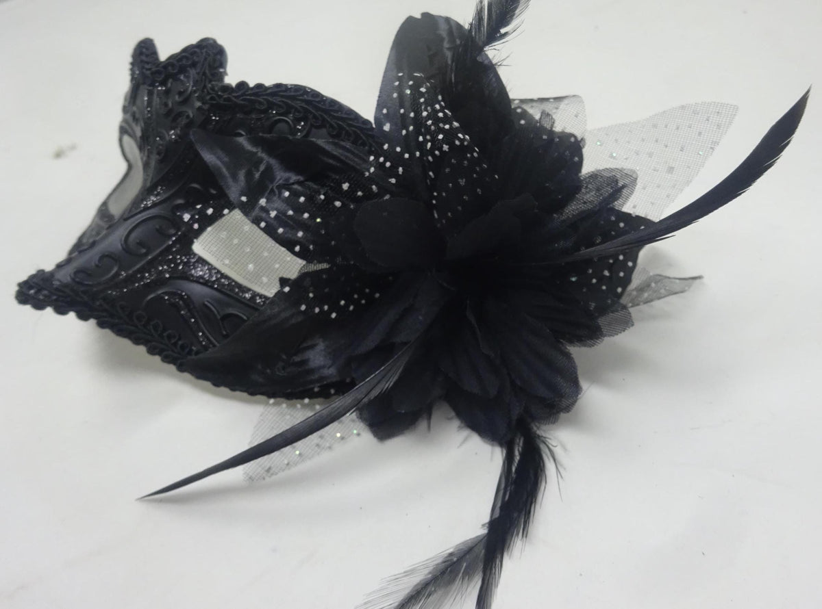 Ladie Black Masquerade Mask with Flower and Feather Detail