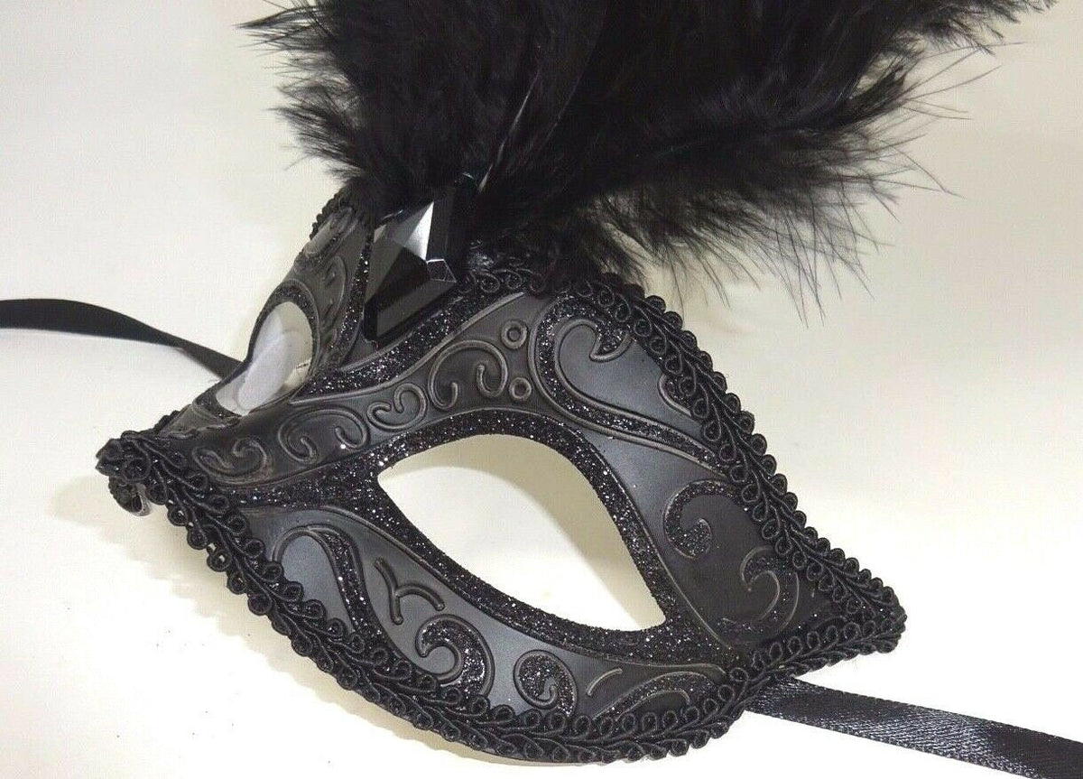 Ladies Black Masquerade Mask with Long Feathers and Centre Jewel