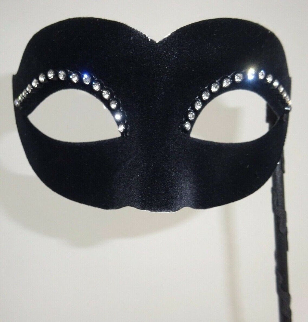Velour Diamonte Black Masquerade Hand Held Mask on a Stick with Diamontes