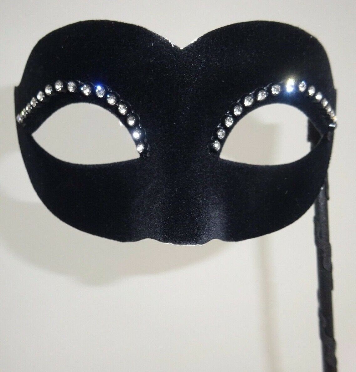 Velour Diamonte Black Masquerade Hand Held Mask on a Stick with Diamontes