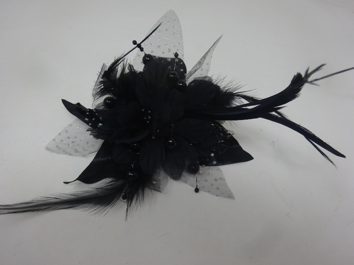 Black Flower Wrist Corsage on Beaded Bracelet with Fabric Flower with Feathers Black Beads and Spotted Organza