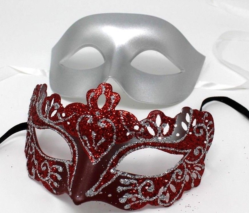 Silver & Red Pair of Male and Female Couples Masquerade Masks
