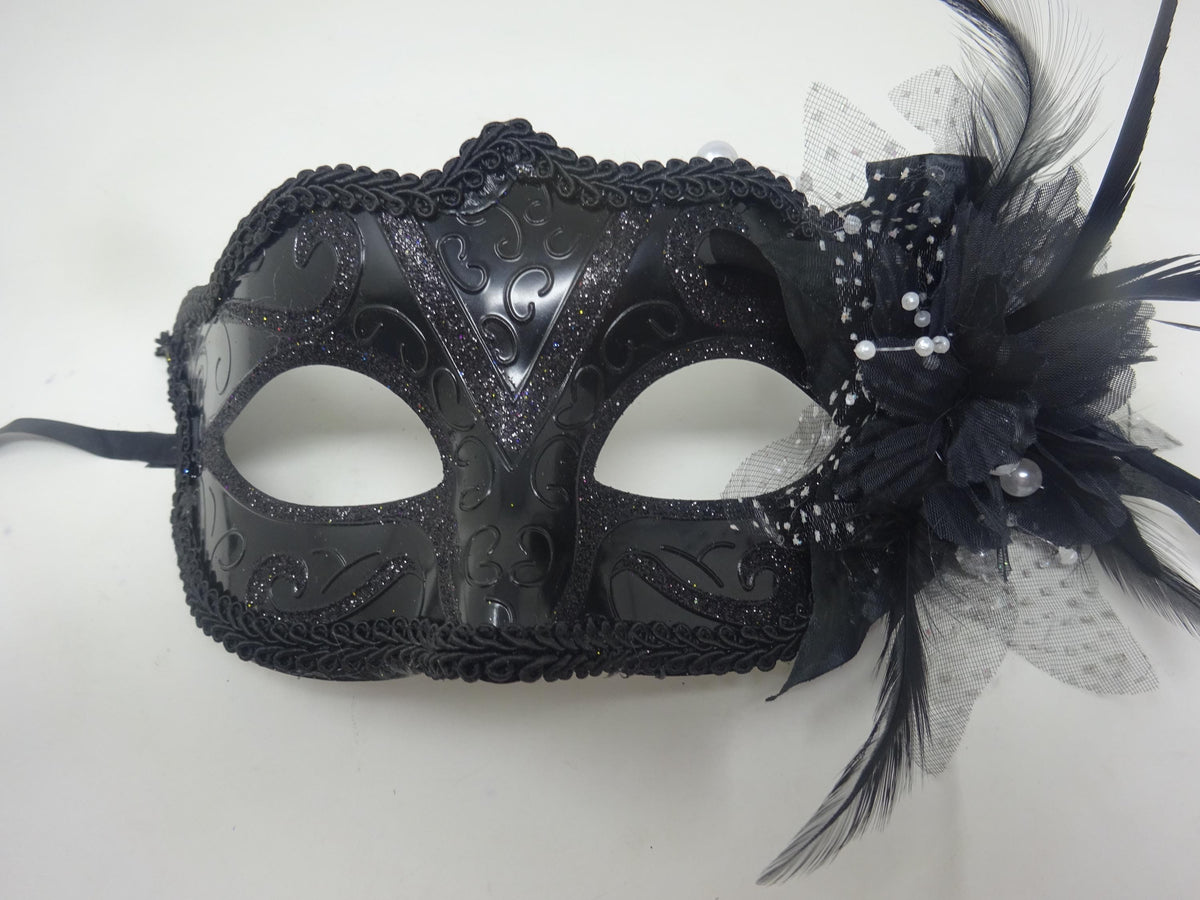 Ladies Gloss Black Masquerade Mask with Flower Feather Beads and Organza Detail