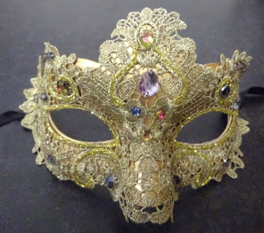 Gold/Champagne Brocade Lace Masquerade Mask with Multi-coloured Crystals