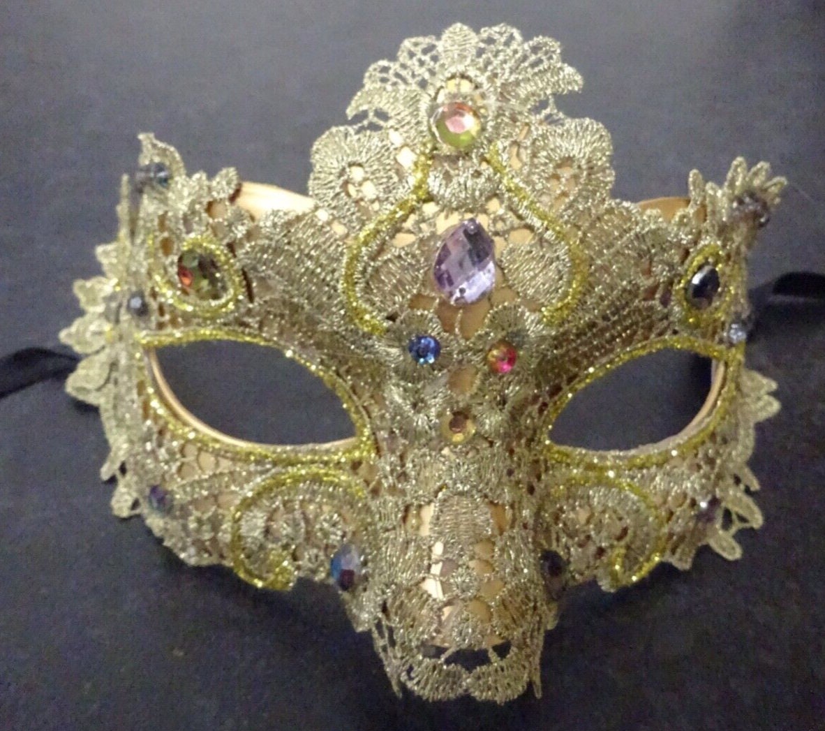 Gold/Champagne Brocade Lace Masquerade Mask with Multi-coloured Crystals