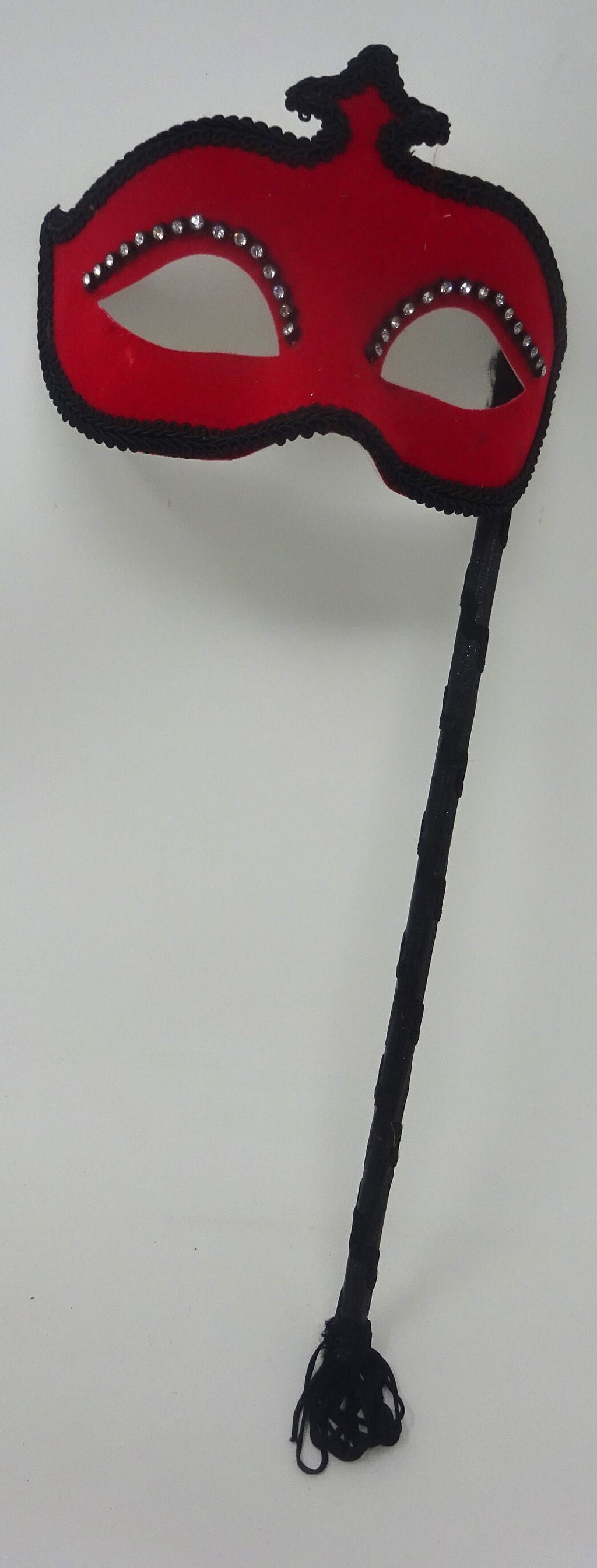 Red and Black Velour Masquerade Party Carnival Ball Eye Mask on a Black Hand Held Stick