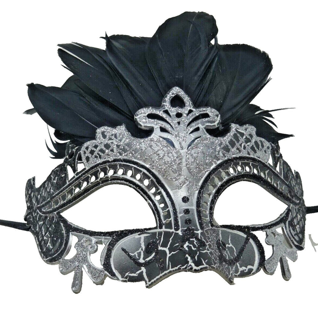 Black and Silver Rialto Masquerade Party Ball Carnival Eye Feather Mask