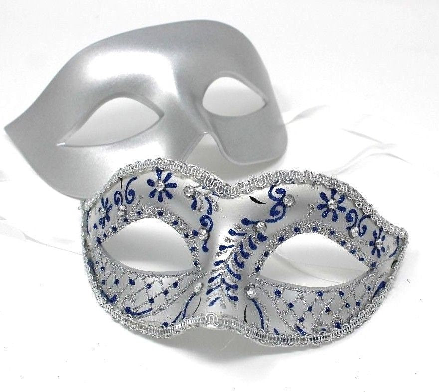 Blue and Silver His and Hers Couple Masquerade Masks