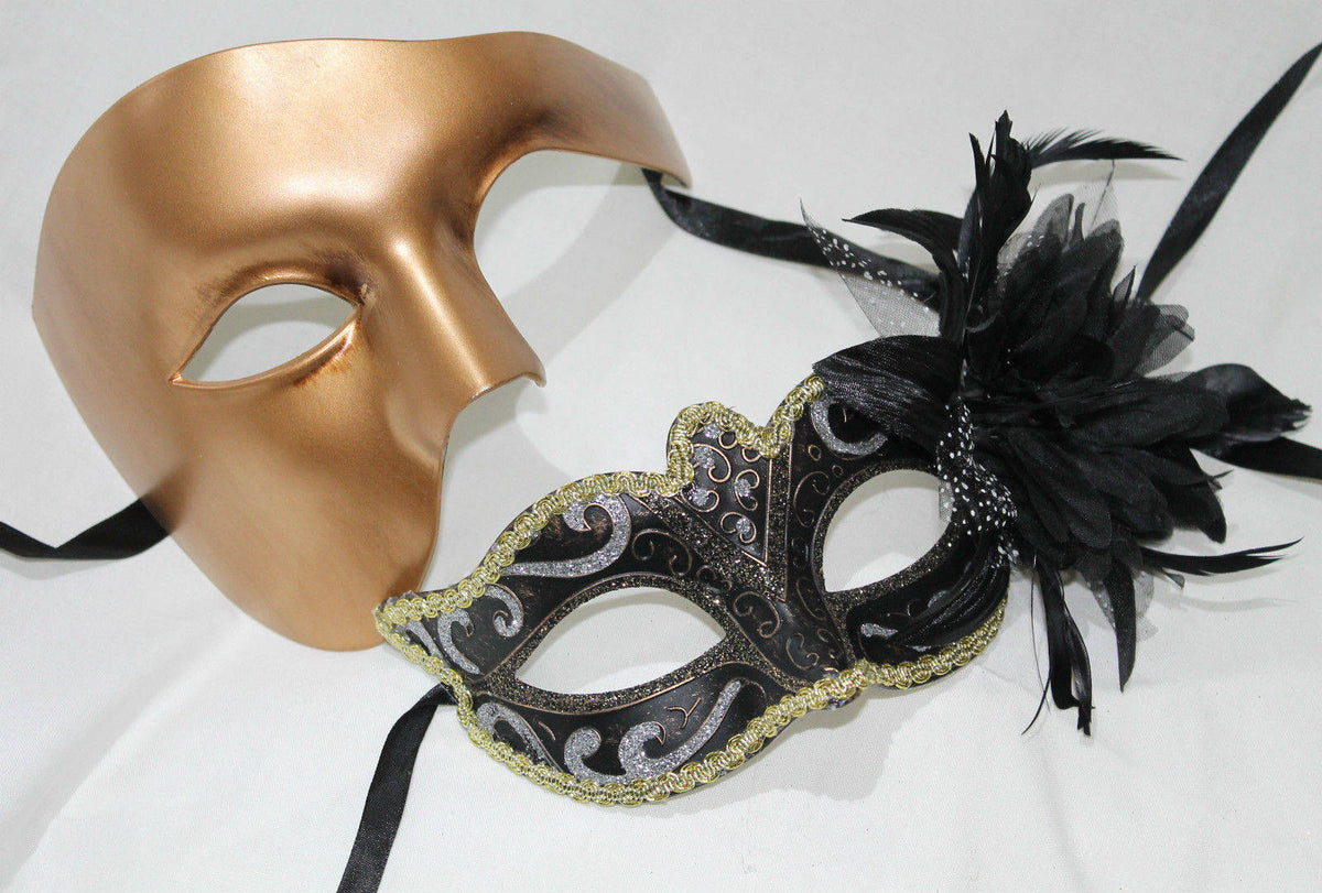 Pair of Couples His and Hers Masquerade Masks Gold & Black Phantom Inspired