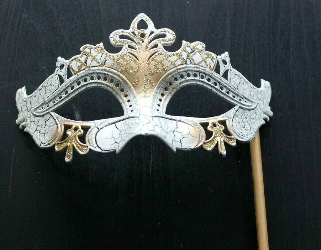 White and Gold Crackled Rialto Masquerade Mask on a Gold Stick