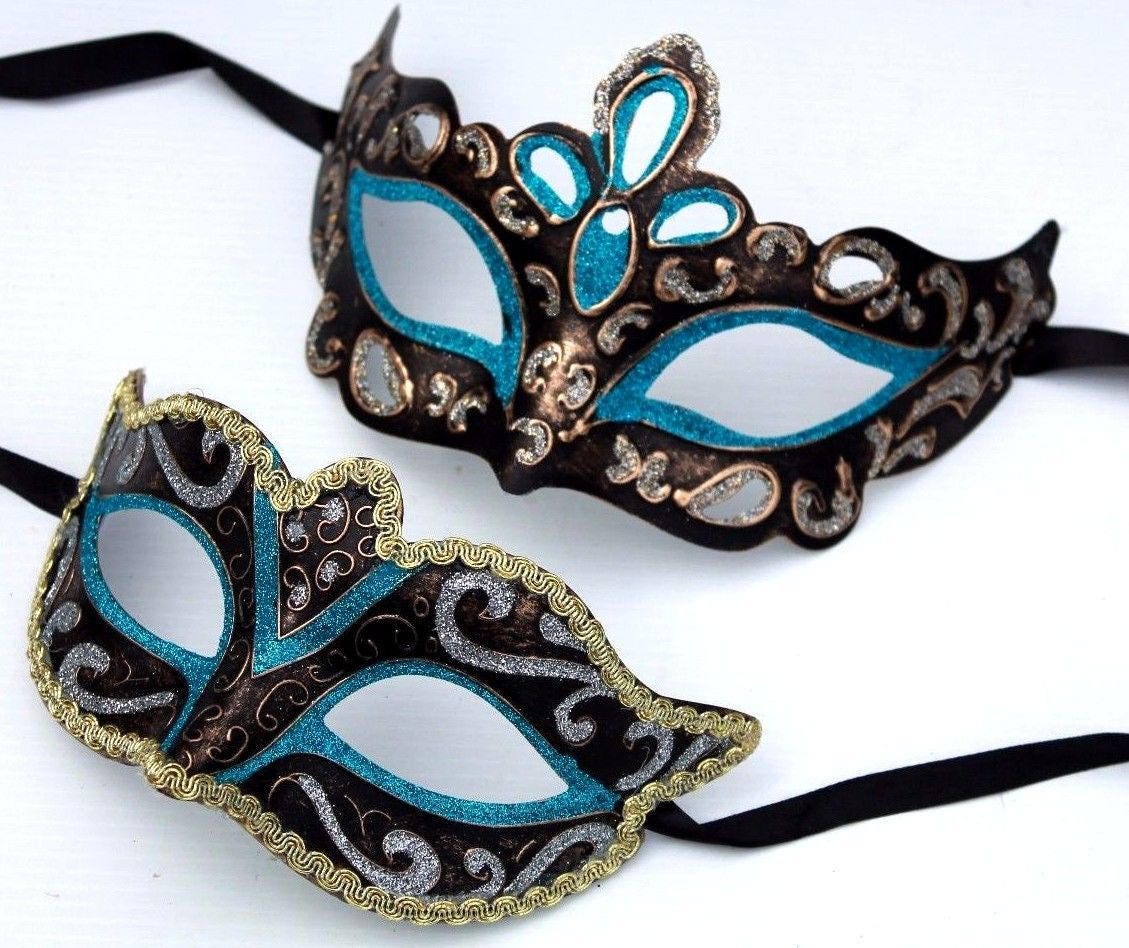 His and Hers Turquoise, Bronze, Silver and Gold Pair of Male and Female Couples Masquerade Masks
