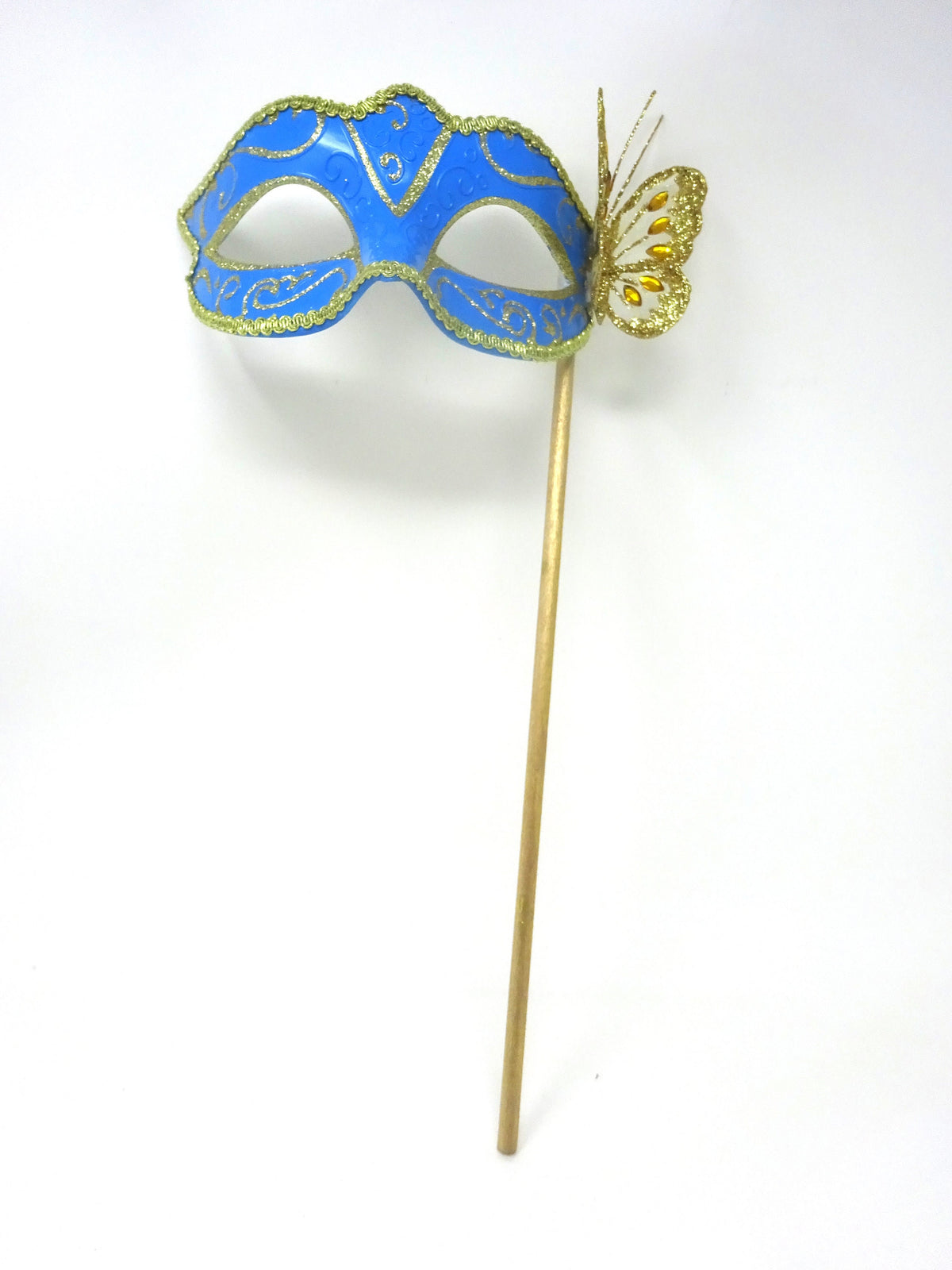 Turquoise and Gold Masquerade Party Carnival Ball Mask on a Gold Stick with Butterfly
