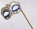 Stunning Blue and Gold Masquerade Mask on a Gold Stick