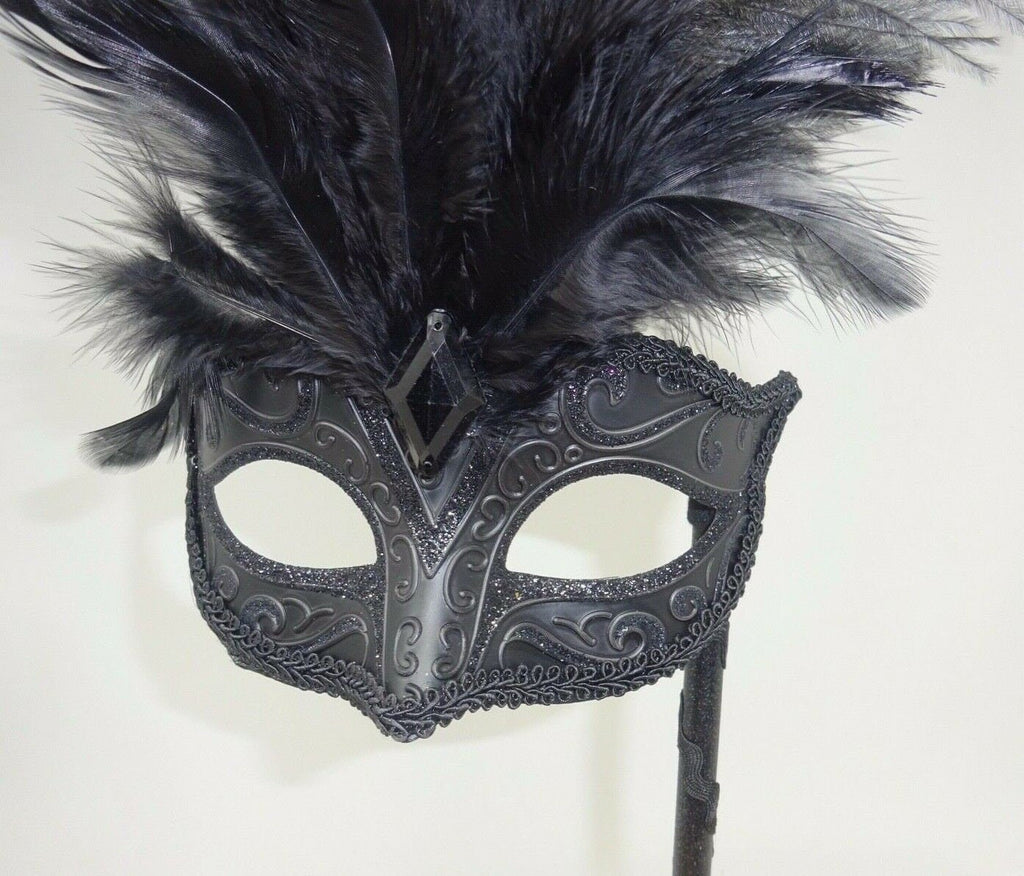 Stunning Black Masquerade Mask with Long Feathers Hand Held on a Stick