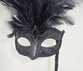 Stunning Black Masquerade Mask with Long Feathers Hand Held on a Stick