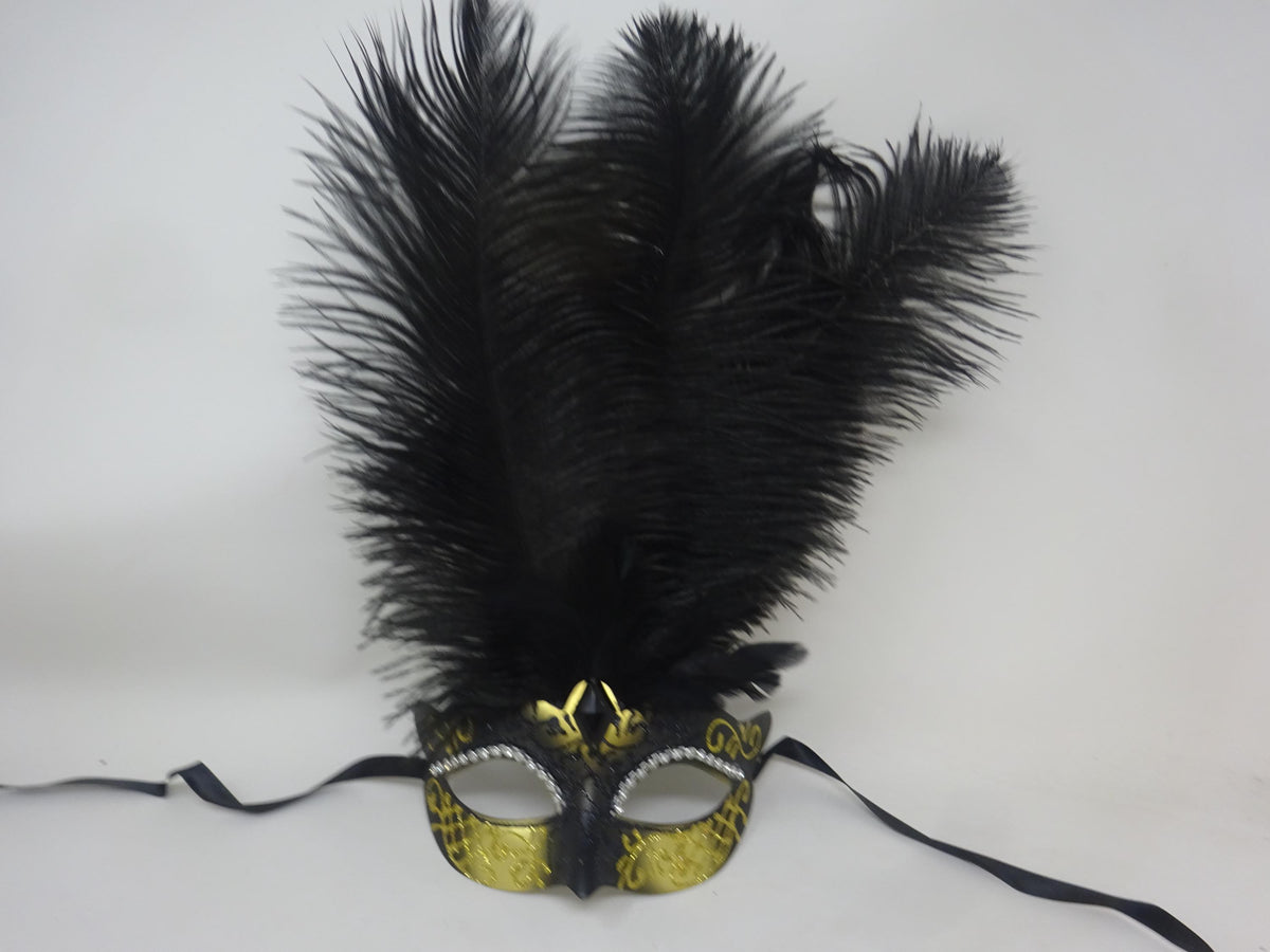 Black and Gold Venetian Masquerade Ball Carnival Party Prom Mask with Long Feathers and Diamontes