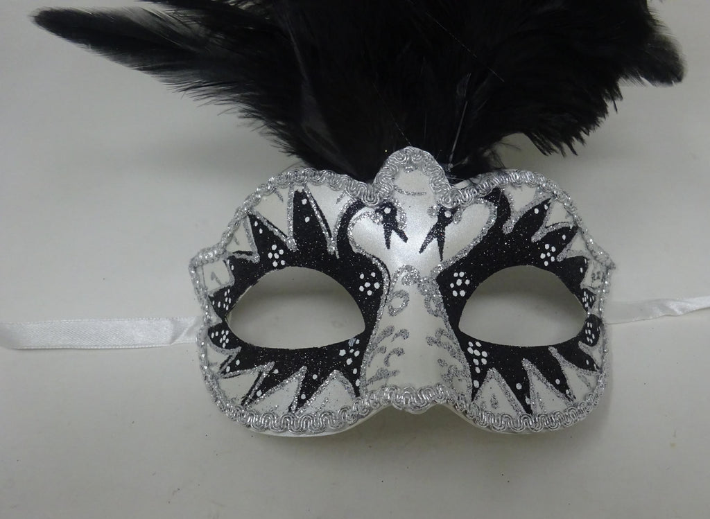 Black & Silver Long Black Feather Venetian Masquerade Prom Ball Eye Swan Lake Mask