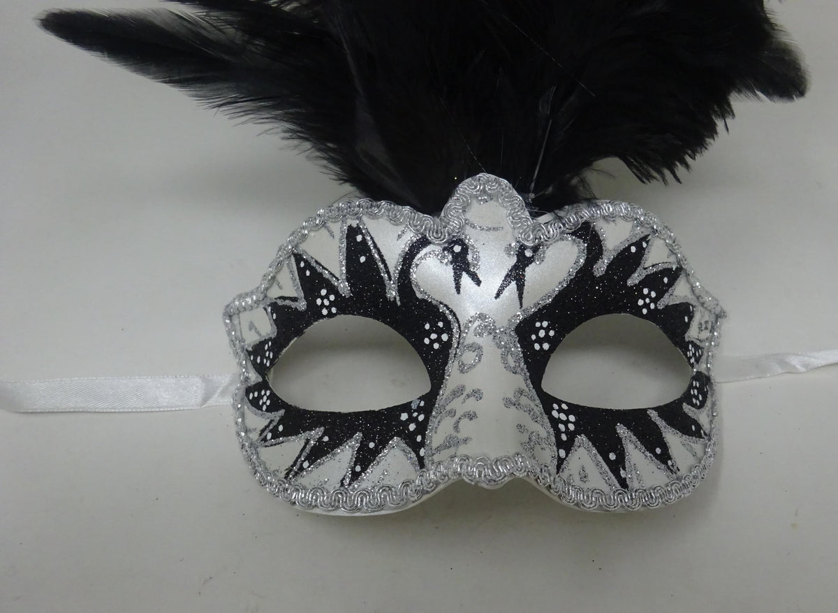 Black & Silver Long Black Feather Venetian Masquerade Prom Ball Eye Swan Lake Mask