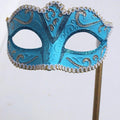 Turquoise and Gold Masquerade Mask on a Gold Stick