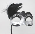 Stunning Black and Silver Feather Masquerade Mask on a Black Stick