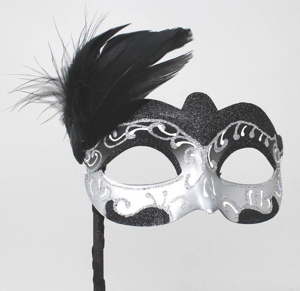 Stunning Black and Silver Feather Masquerade Mask on a Black Stick