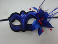 Sparkling Blue and Black Masquerade Ball Party Eye Mask with Flower Feathers and Red Beaded Stamens