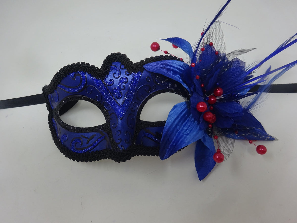 Sparkling Blue and Black Masquerade Ball Party Eye Mask with Flower Feathers and Red Beaded Stamens