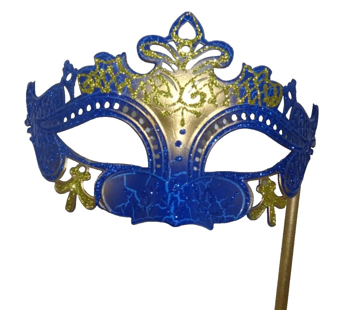 Blue and Gold Rialto Masquerade Ball Party Carnival Eye Mask Hand Held on a Stick
