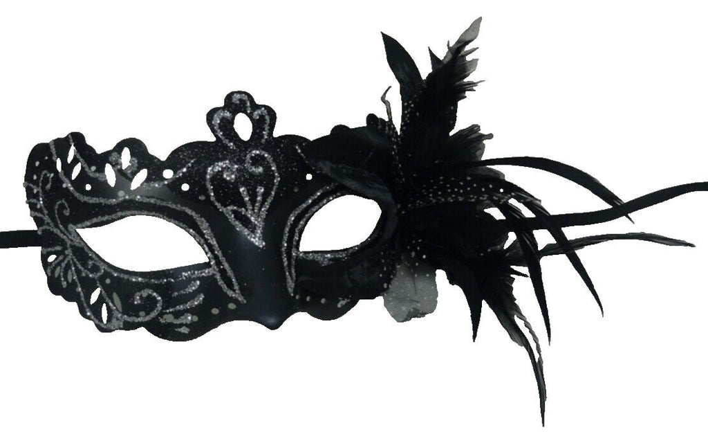 Black and Silver Rialto Masquerade Mask with Flower for Masked Ball Carnival Party Halloween