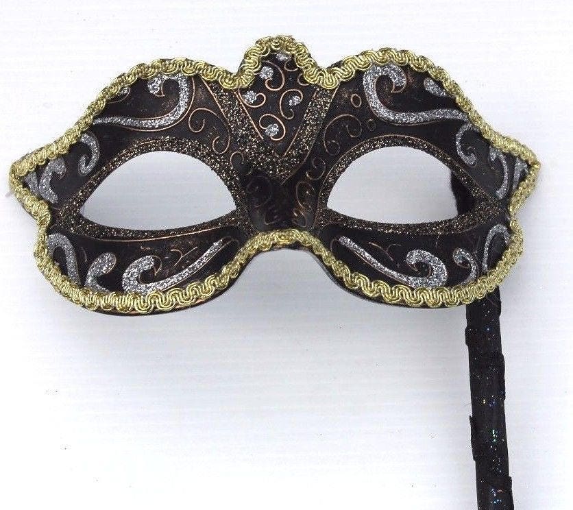 Stunning Black, Bronze Silver and Gold Masquerade Party Ball Mask on a Black Stick