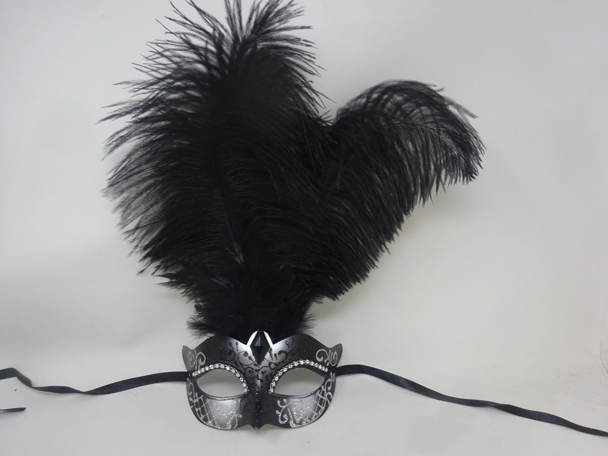 Stunning Black and Silver Assorted Ostrich Feather Masquerade Party Ball Prom Eye Mask with Diamontes