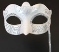 Ladies White and Silver Masquerade Party Carnival Ball Mask Hand Held on a Wooden Stick