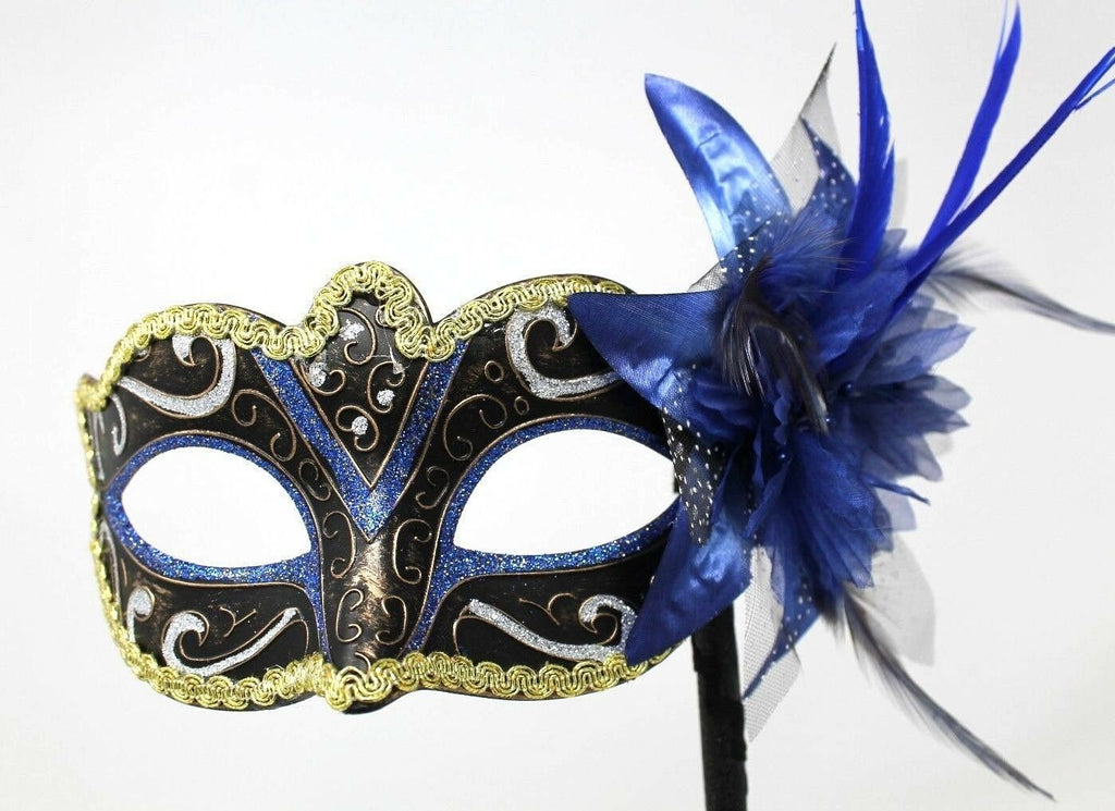 Stunning Blue, Black, Bronze Silver and Gold Masquerade Mask on a Black Stick with Flower