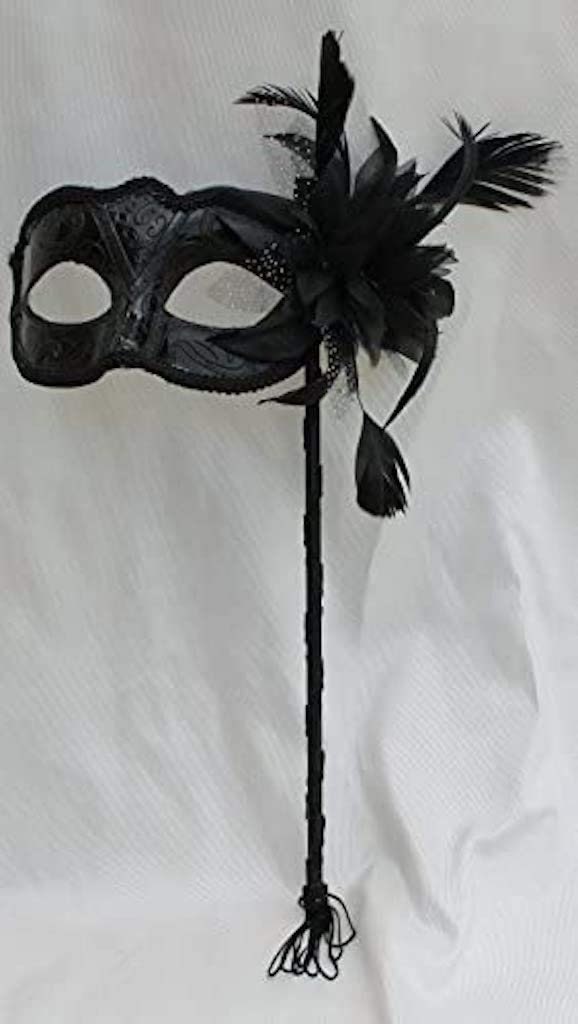 Stunning Black Masquerade Mask on a Black Stick with a flower made of black fabric petals, feathers and black and white organza