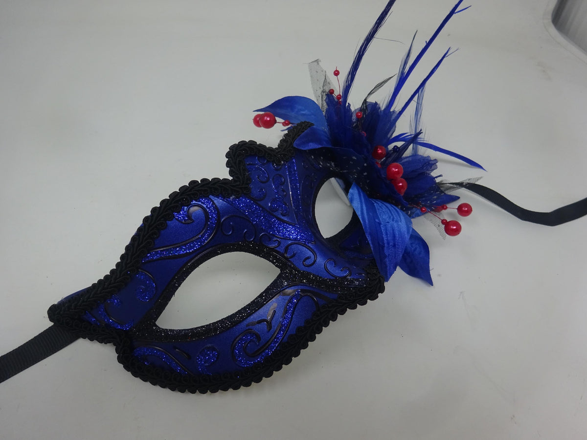 Sparkling Blue and Black Masquerade Ball Party Eye Mask with Flower Feathers and Red Beaded Stamens