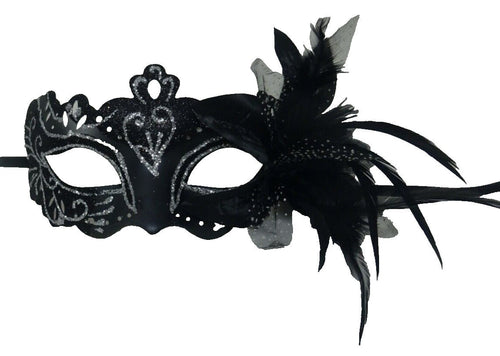 Black and Silver Rialto Masquerade Mask with Flower for Masked Ball Carnival Party Halloween