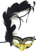Gold White and Black Masquerade Party Carnival Ball Mask with Long Feathers and Side Flower