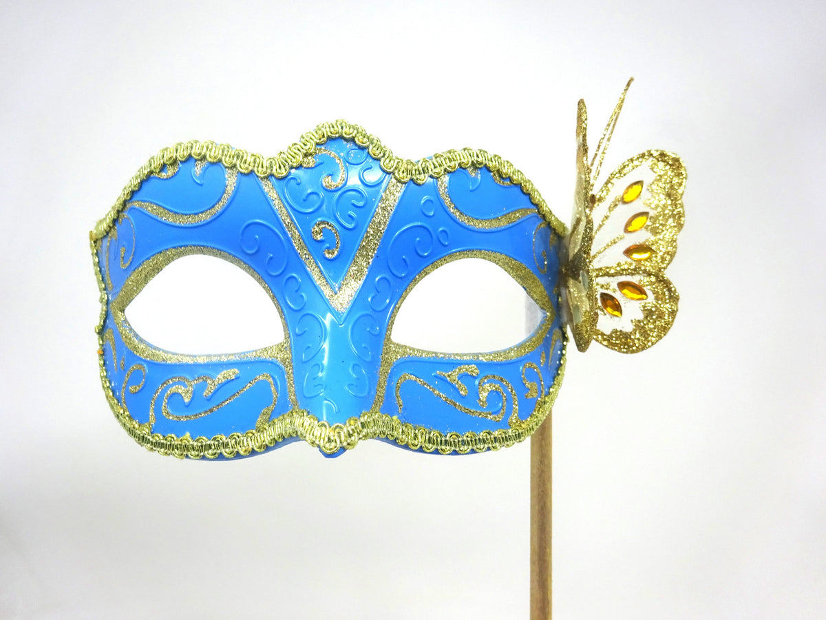 Turquoise and Gold Masquerade Party Carnival Ball Mask on a Gold Stick with Butterfly