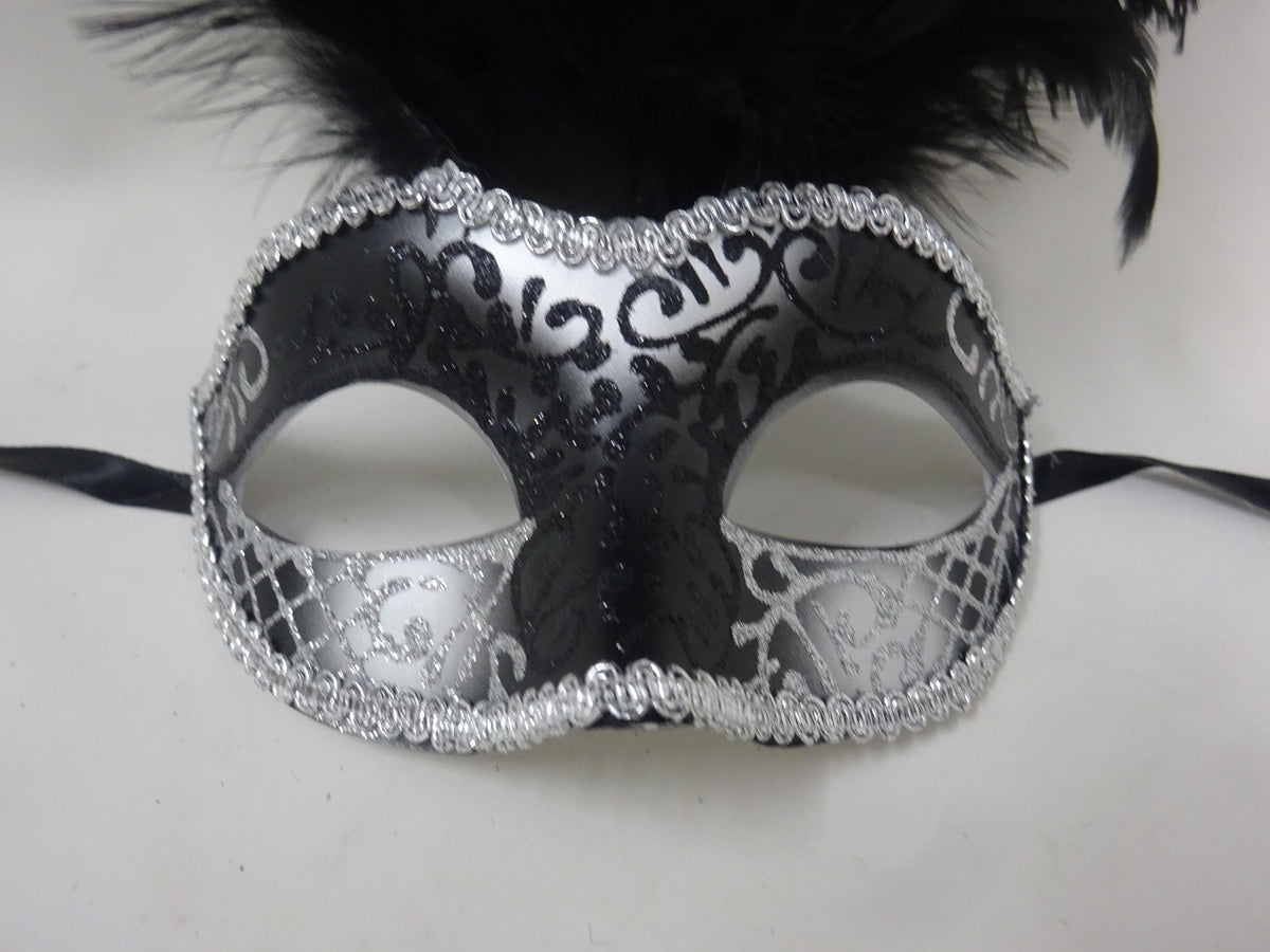 Stunning Black and Silver Long Black Feather Venetian Masquerade Prom Ball Eye Mask