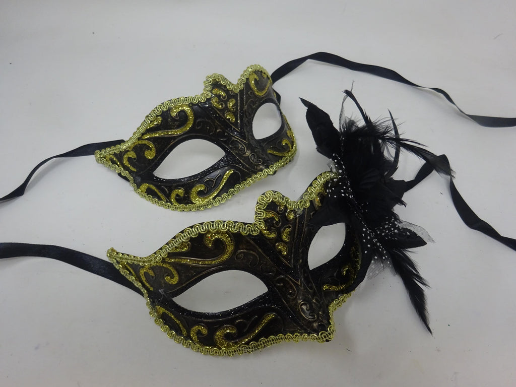 Pair of Couples His and Hers Masquerade Masks in Gold, Black and Bronze with Flower Detail