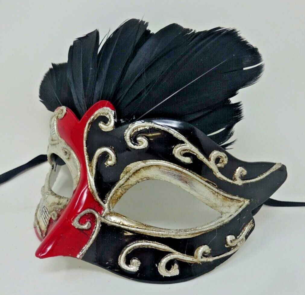 Red, Black and Silver Musical Masquerade Mask for Masked Ball with Feathers
